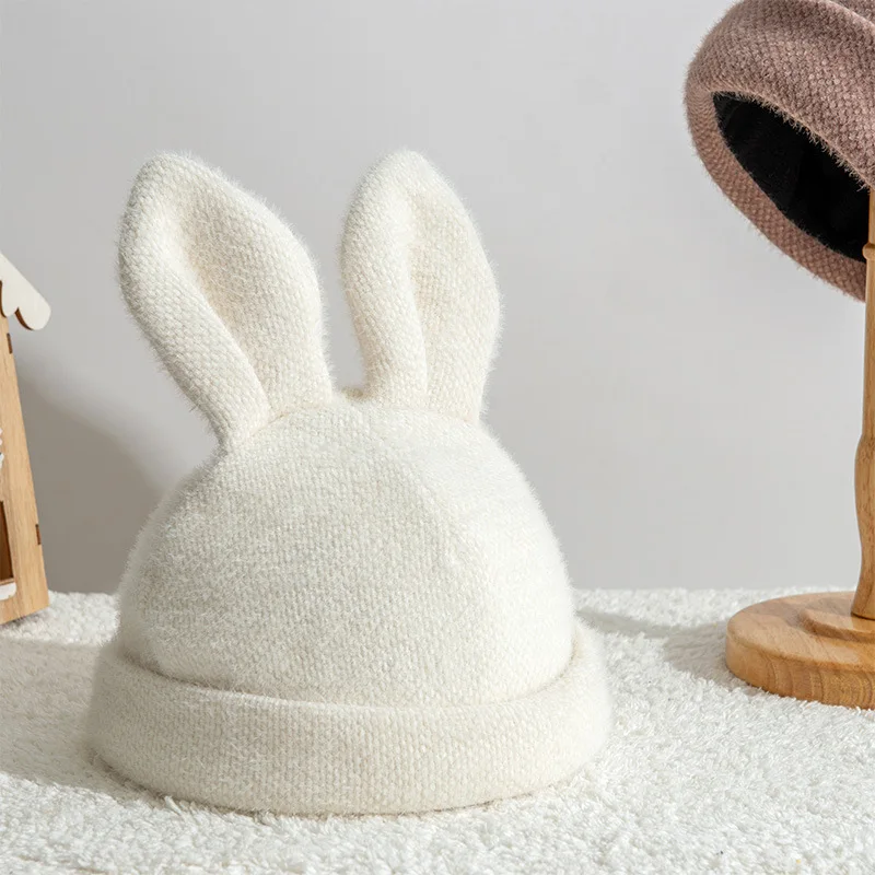 Женская вязаная шапка с кроличьими ушками осенне зимняя теплая бархатная Шапка