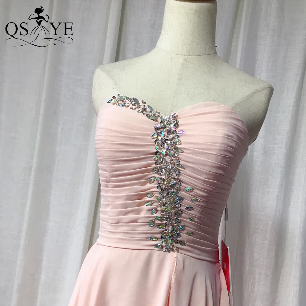 

QSYYE Baby Pink Prom Dresses High-low Chiffon Evening Dress Beaded Sequins Formal Dress Court Train Short Front Long Back Gown