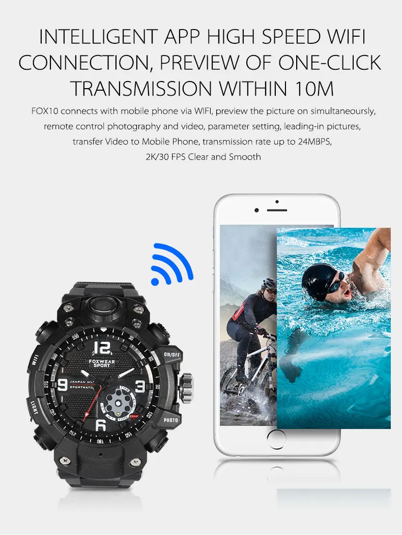 Спортивные умные часы водонепроницаемая светодиодная лампа часы wifi камера ИК ночного видения 2K HD H.264 экшн-часы с видеорегистратором