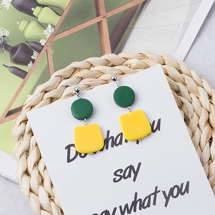 2019 модные деревянные серьги геометрические круглые зеленые желтые квадратные