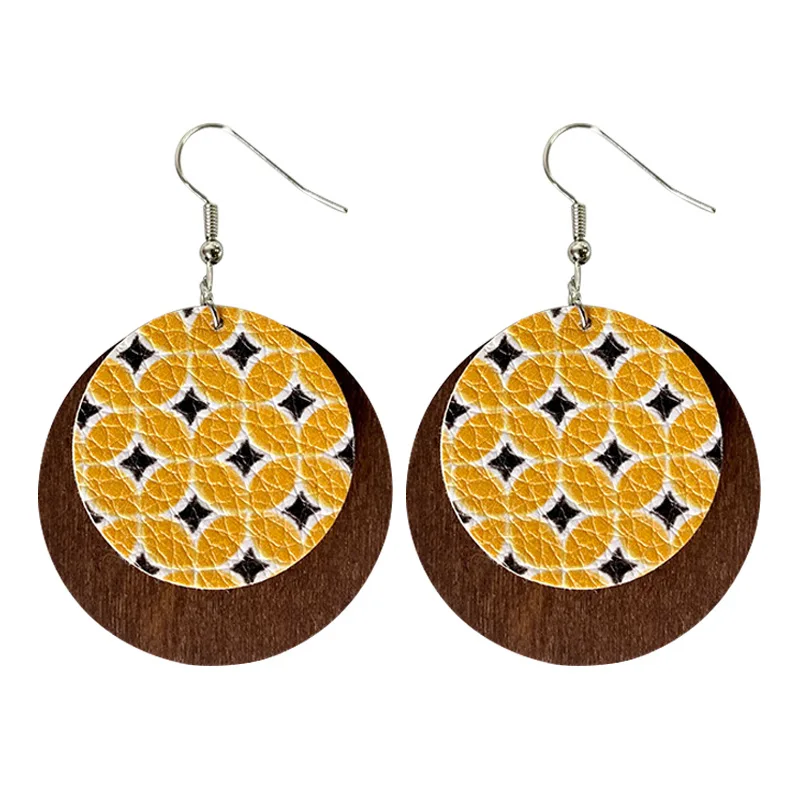 

Quatrefoil Floral Printing Leather Round Disc Dangle Drop Earrings for Women Fashion Trendy Gift for Her
