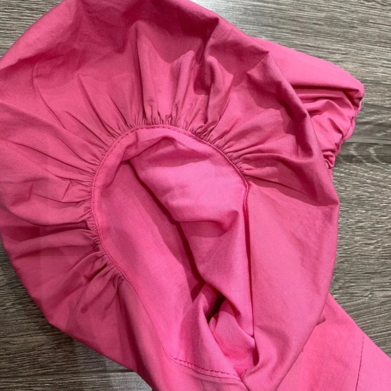 

VGH Solid Ruched Pink Shirt For Women Square Collar Puff Short Sleeve Zipper Slim Blouses Female Summer Fashion Clothing Stylish