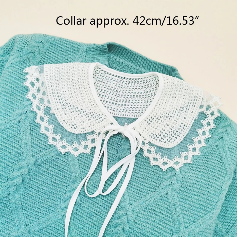 

Q39C Women Crochet Knit Plaid Fake Collar Shawl Sweet Embroidery Doll Scarf Wrap Necklace Sheer Mesh Stitching Lace-Up Capelet