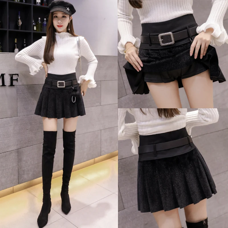 

Winter And Autumn High Waist Short Mini Wool Pleated Skirt Elastic Waist Black Mink Fur Skirts With Belt