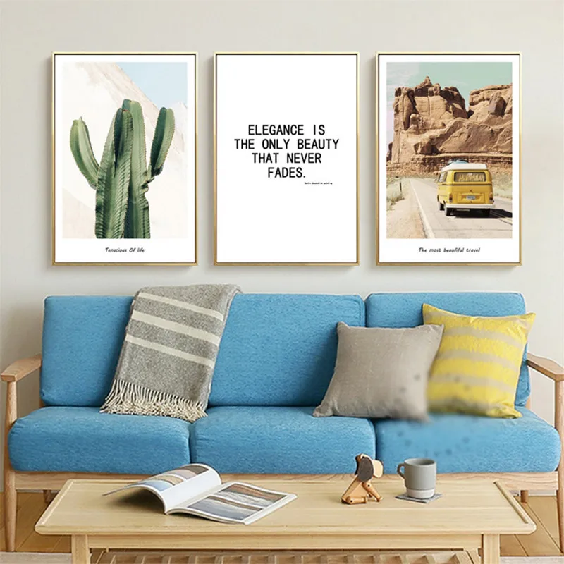 

Nordic Modern English Text Cactus Road Car Home Decorative Painting canvas wall art Landscape Waterproof Ink Spray Painting