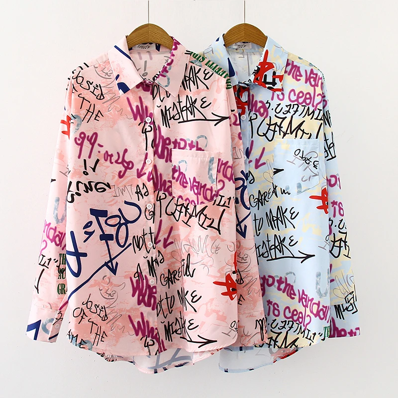 

2020 Spring Autumn Long Sleeve Women Blouses Graffiti letter printing Blouse Fashion casual Loose Shirts Tops Blusas Mujer
