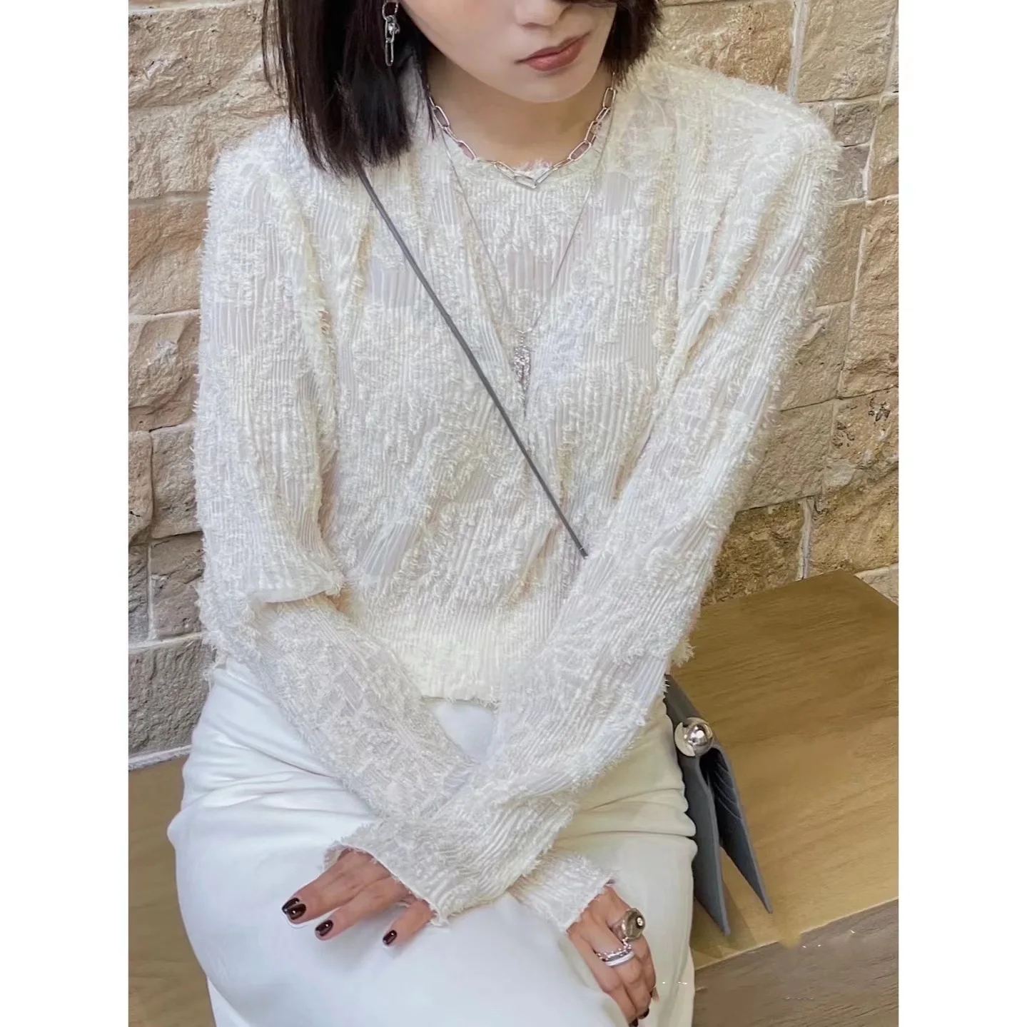 Новинка весна-осень стильная ажурная кружевная блузка с длинными рукавами