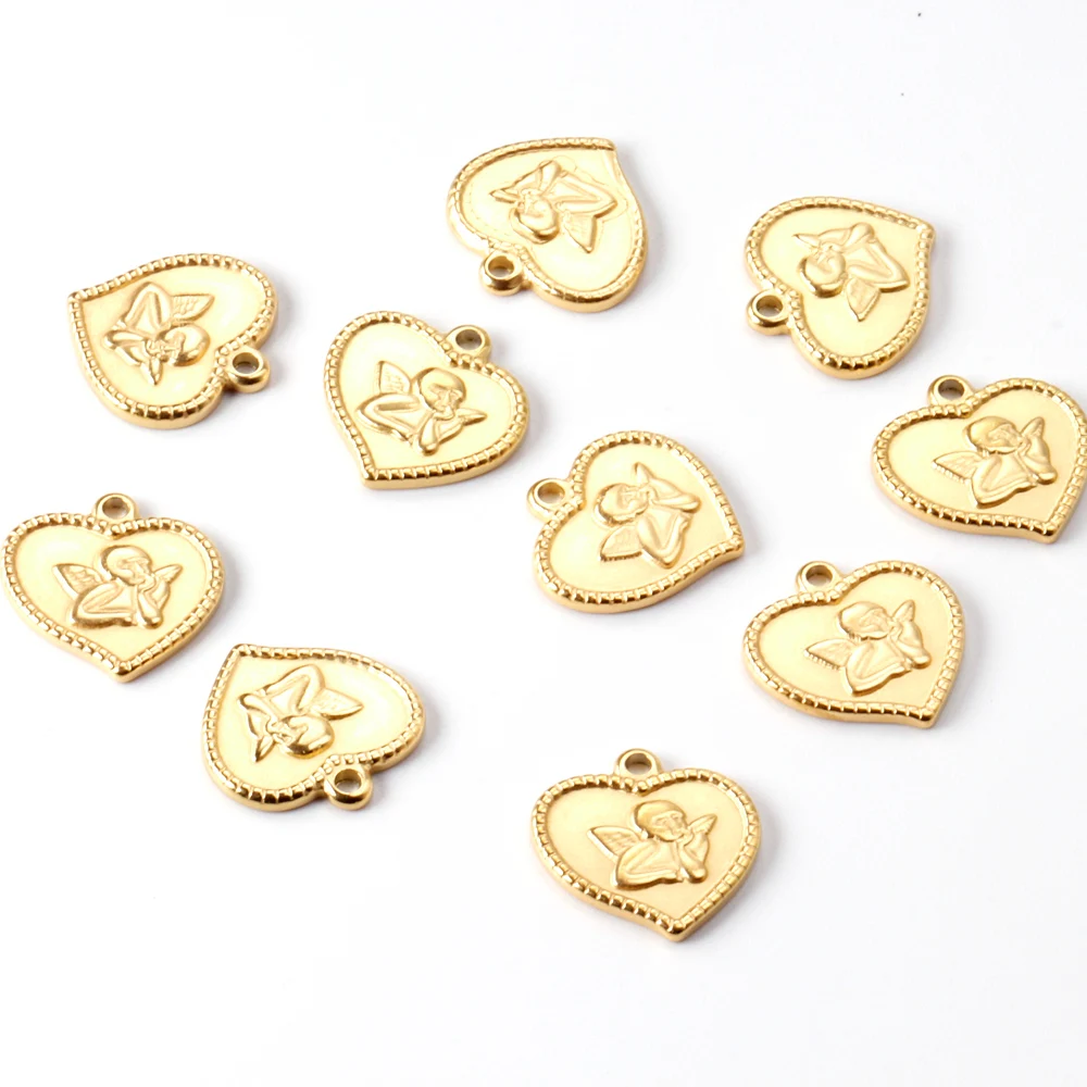 

10pcs/lot Vintage Love Angel Pendant Stainless Steel Gold Couple Heart-shaped Charm Necklaces Bracelet DIY Jewelry Making
