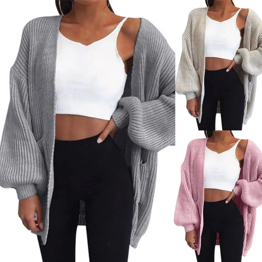 

50% Hot Sales Cardigan Sweater Solid Color Warm Knitted Lantern Sleeve Casual Lady Sweater Coat for Daily Wear