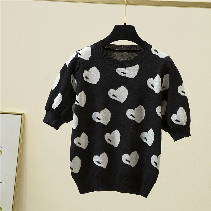 

Loving Print O-Neck Cropped Sweater Women 2022 Spring Summer Pullove Knitted Woman Clothes Sweaters Puff Sleeve Sueters De Mujer