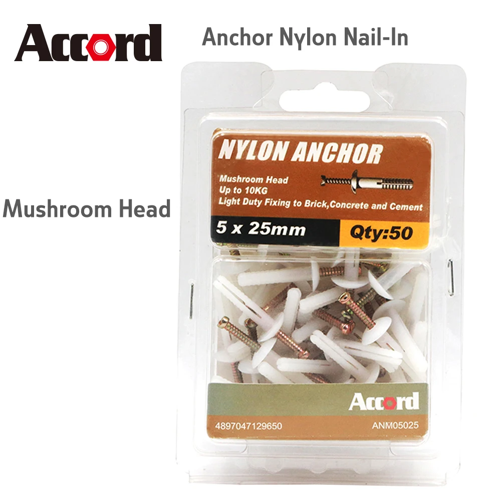 

ACCORD ANCHOR NYLON MUSHROOM HEAD 5X25MM 50 pack