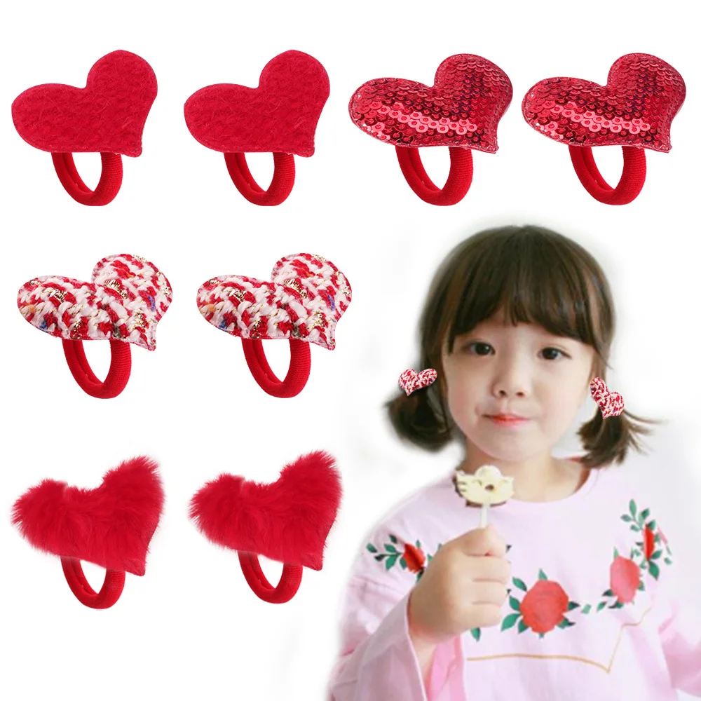 8pcs Girls Cute Rubber Band Ponytail Holder Gum Headwear Elastic Hair Bands Red Heart Scrunchies Girl Hair Accessories Ornaments