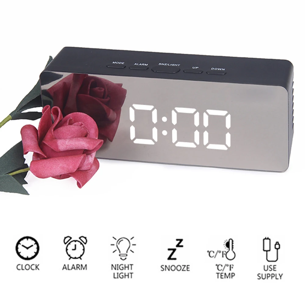 

Digital Alarm Clock Mirror Led Night Lights Thermometer Wall Lamp Square Rectangle Multi-function Table Clocks USB / AAA