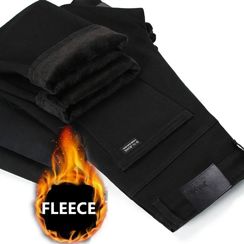 

Black Mens Jeans 2020 New Winter Fleece Warm Men Jeans Trousers Fashion Classic Slim Fit Straight Elasticity Denim Pants