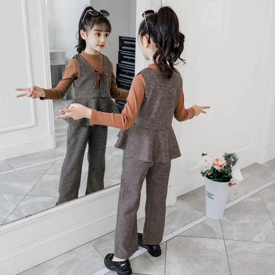Детская одежда в клетку для девочек жилет + футболка штаны наряд весна-осень