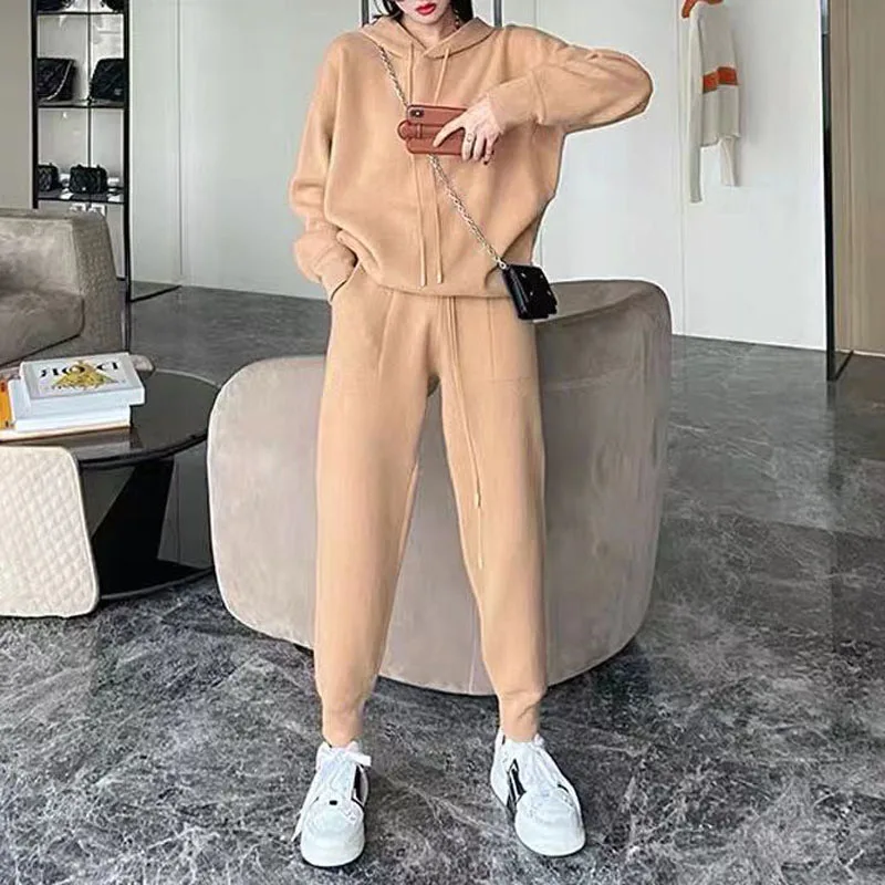 

2-piece Women's Knitted Sportswear Hooded Sweater + Harem Pants Pullover 2021 Sweater Set Knitted Hooded Top