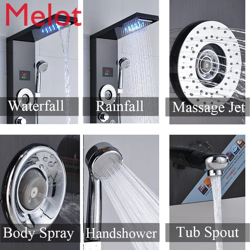 Kopen Nieuw Luxe Zwart/Geborsteld Badkamer Kraan Led Douche Panel Kolom Bad Mengkraan Met Handdouche Temperatuur Screen