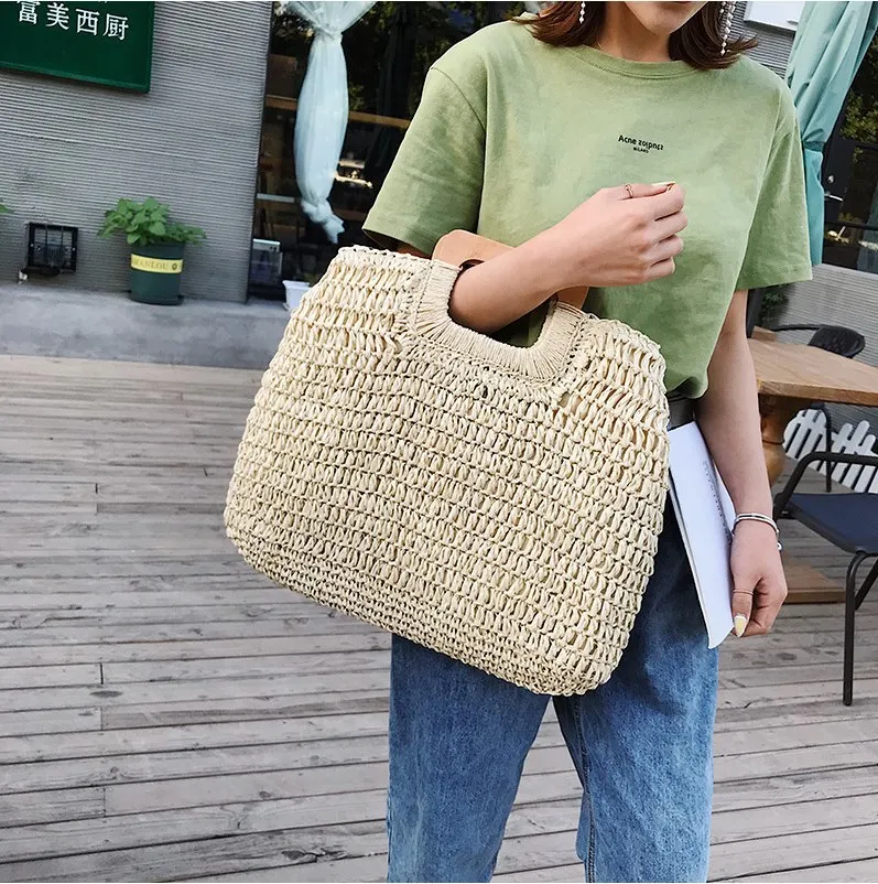 

Women's Handbag 2021 Square Wooden Handle Woven Bag Large Capacity Straw Bag Beach Bag Portable Female Bag Shopper Bag