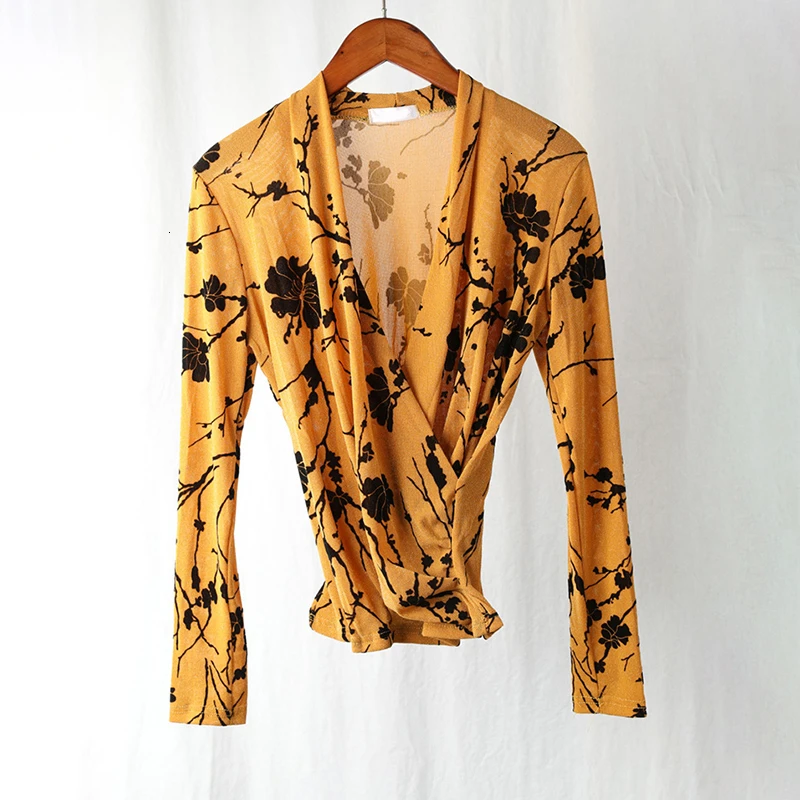 CHICEVER принт нестандартные футболки для женщин v-образный вырез длинный рукав