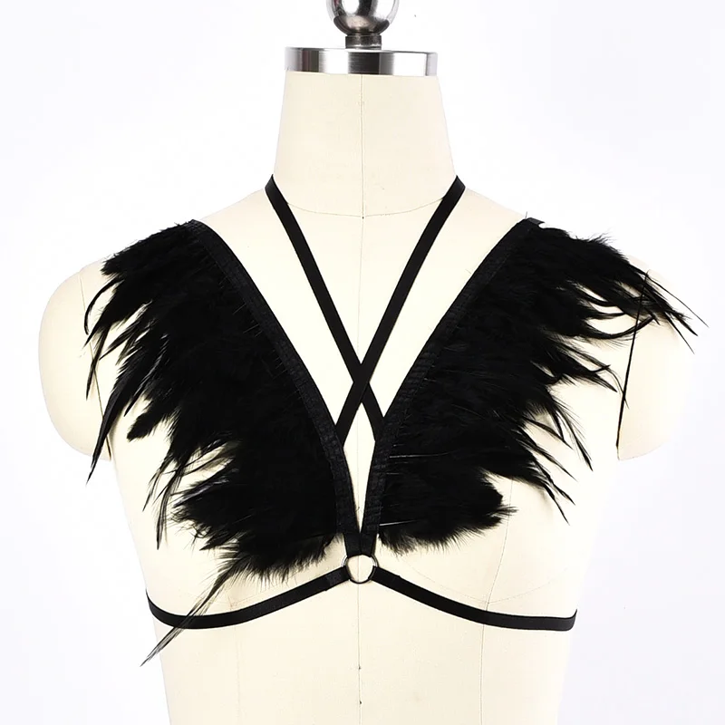 

Body Harness BurningMan Feathers Bra Fetish Harness Cage Bondage Harness Punk Lingerie Harajuku Goth Rave Wear Feathers Cage Bra