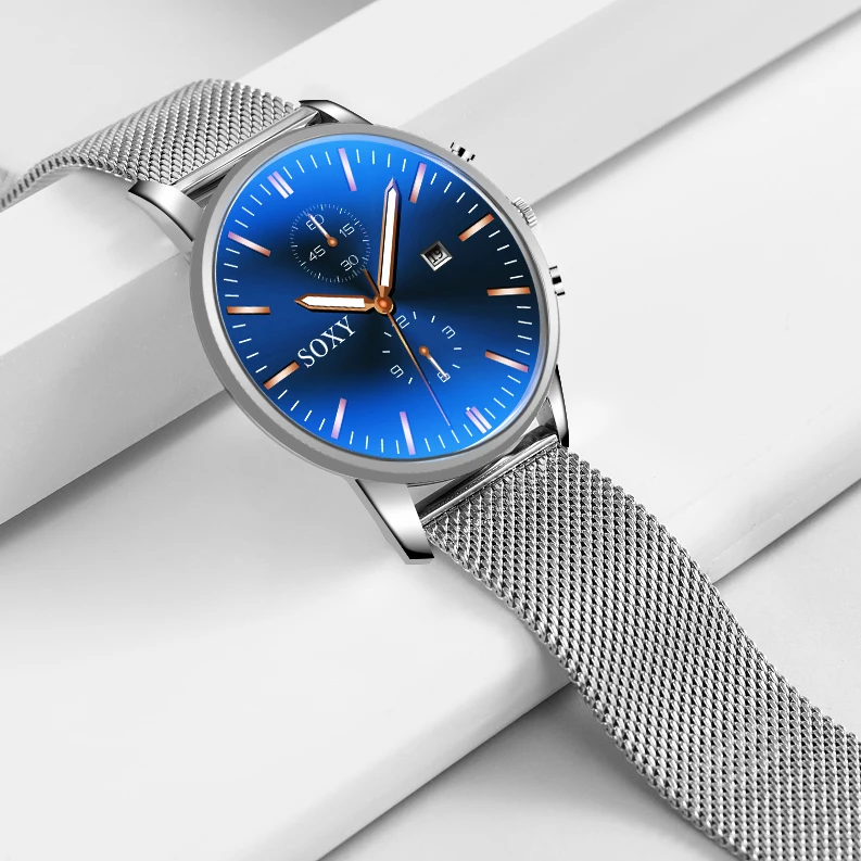 Роскошные мужские часы с синим циферблатом Модные Классические наручные