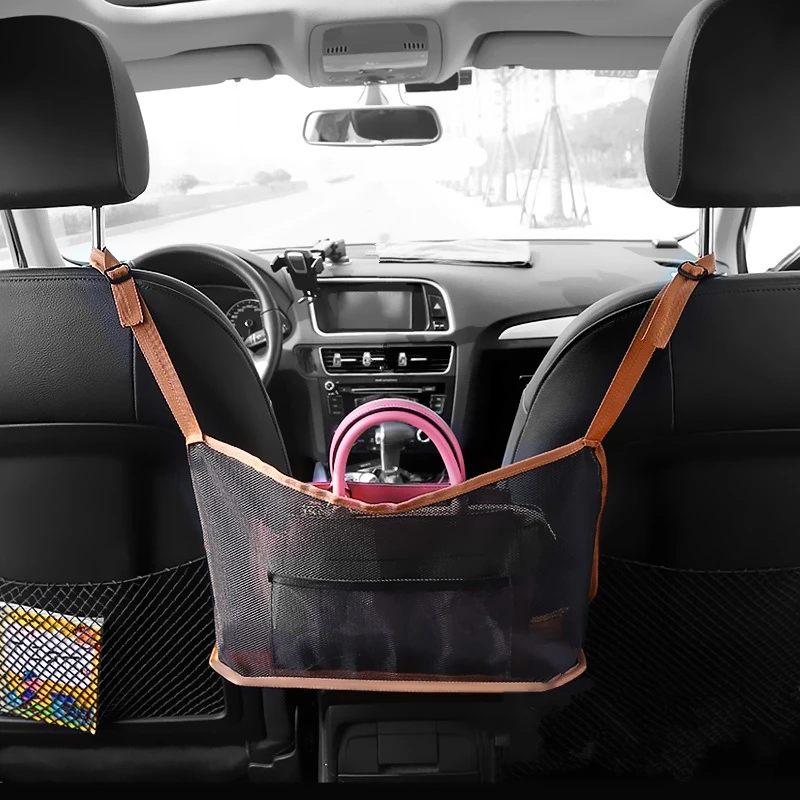 

High Quality PU Bottom Bracket Car Seat Storage Mesh Net Bag Between Car Organizer Seat Side Hanging Bags Luggage Holder Pocket