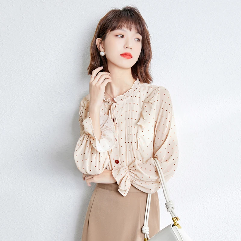 Women's Blouse 2020 Summer Vintage Fashion Ruffles Lace-Up O-Neck Polka Dot Print Chiffon Shirts Office Lady Elegant Tops