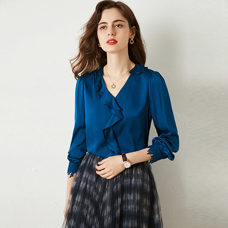 

Silk Blouse Women Casual Style 97% Silk Solid V Neck Ruffle Long Sleeve Embroidery Elegant Design Shirt New Fashion