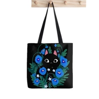 shopper blue flower black cat tote bag print tote bag women harajuku shopper handbag girl shoulder shopping bag lady canvas bag