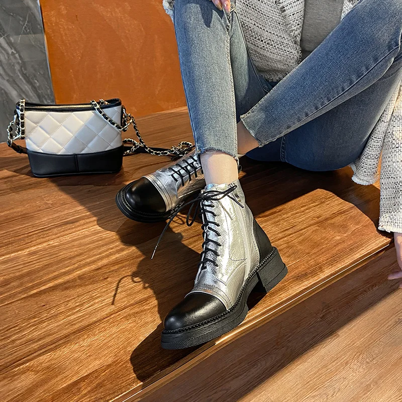 Online 2020 Musim Semi Dan Musim Gugur Baru Fashion All-Match Lace-Up Martin Wanita Sepatu Bot Sepatu Bot Di Tabung Kulit Retro Sisi Ritsleting Sepatu Bot X306