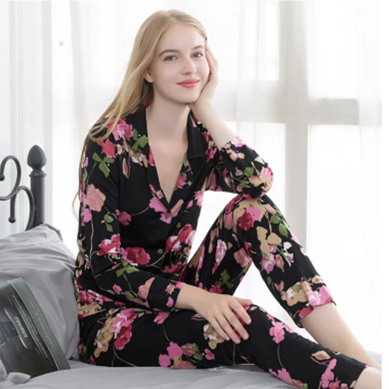 Женский пижамный комплект из двух предметов свободная черная шелковая ночная