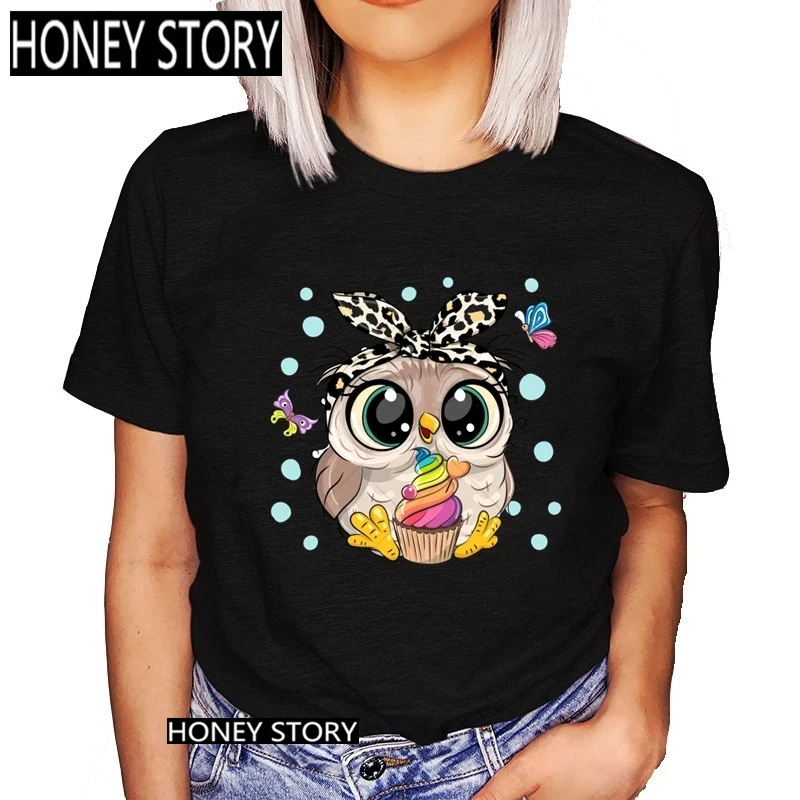

Модная трендовая Милая женская футболка с графическим принтом совы, Повседневная Женская Футболка Harajuku с круглым вырезом, Прямая поставка