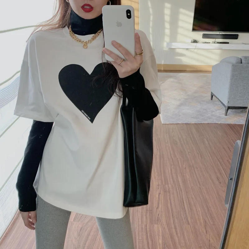 

HKCP Fashion T Shirt Women Casual Office Lady Fake Two Piece Turtleneck Patchwork Heart Cartoon Long Sleeve Winter 2020 New