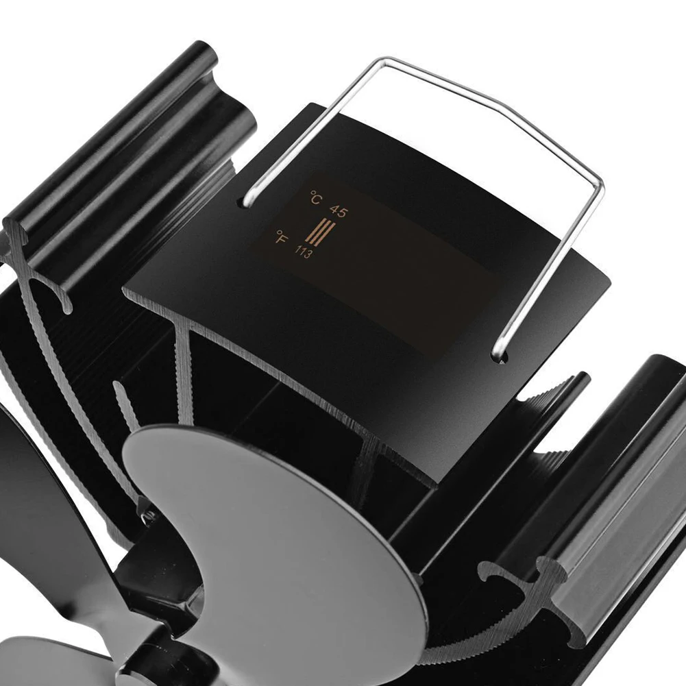 

4 Blades Heat Powered Wood Stove Fan for Log Burner Quiet Black 203CFM 7.09"Blade Home Fireplace Fan Heat With Thermometer Parts