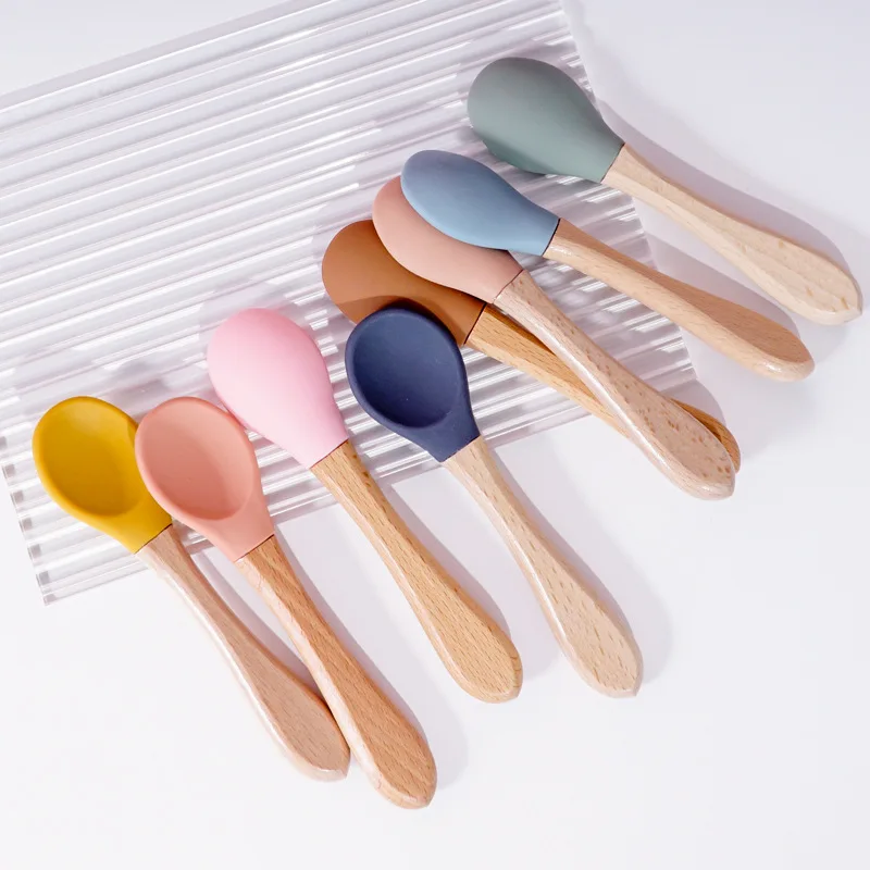 

Baby Training Spoon Children Side Dish Spoon FDA Free Food Grade Silicone Spoon Wood Handle Feeding Tableware For More Than 3M