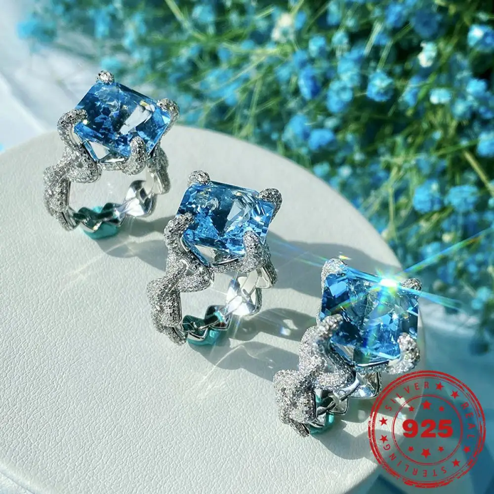 

HOYON Haute Couture Jewelry Inlaid Ascher Craft Natural Aquamarine Topaz Ring Real 100% S925 Silver Jewelry