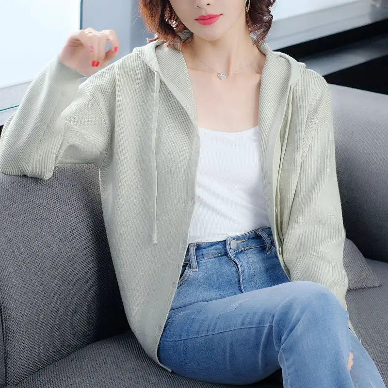 

2020 Women Spring Autumn Casual Hooded Thin Knitted Sweater Female Loose Cropped Cardigans Coat New Ladies Solid Outerwear