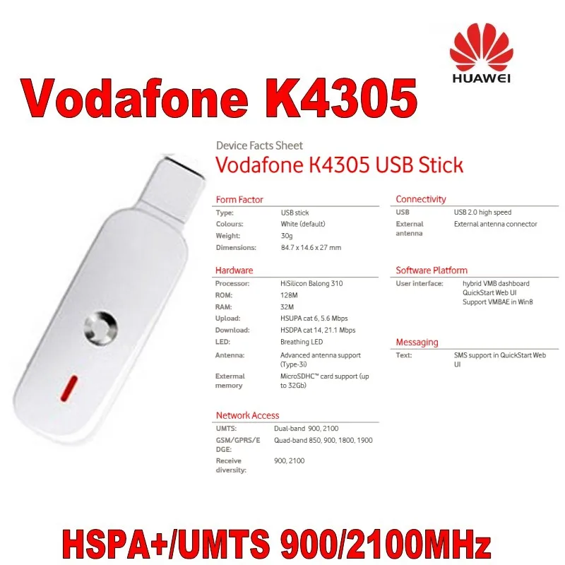 USB модем Genius Huawei Vodafone k4305 3G беспроводная точка доступа 42 Мбит/с поддержка UMTS 850/900/2100