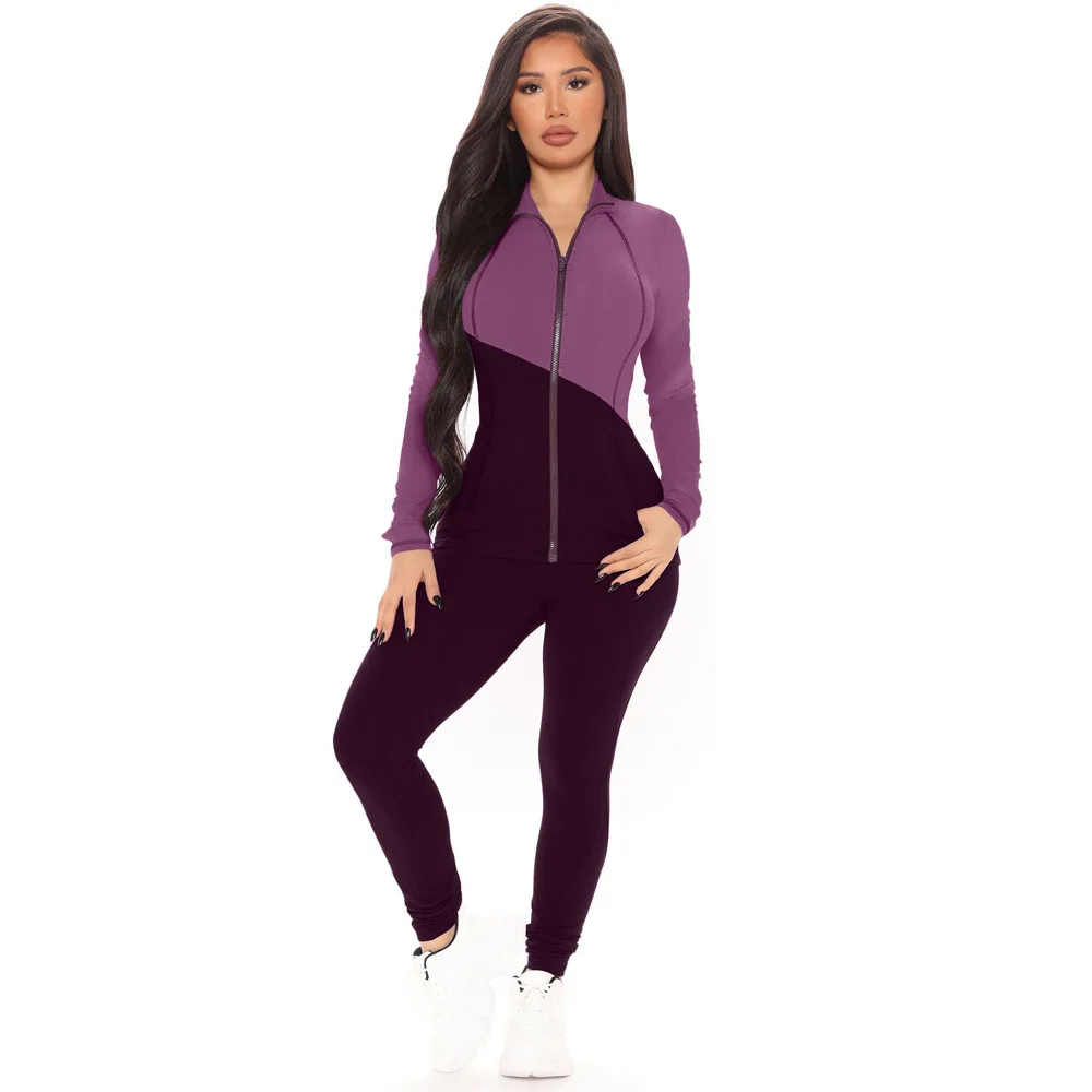 

Casual Color Block Tracksuit Women Activewear Sporty Patchwork Zipper Long Sleeve Top + Pencil Pants Two Piece Set Outfits