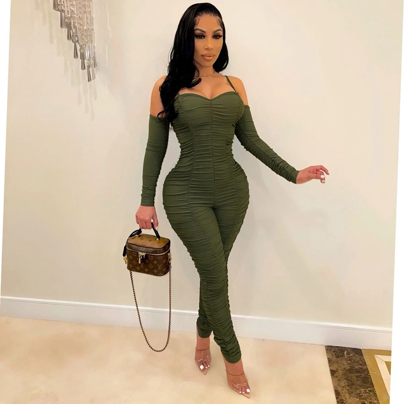 

Fall Winter Clothes Jumpsuit Women Tube Top Long Sleeves Folds Sexy Bodycon Romper One Piece Pants Lounge Streetwear Wholesale