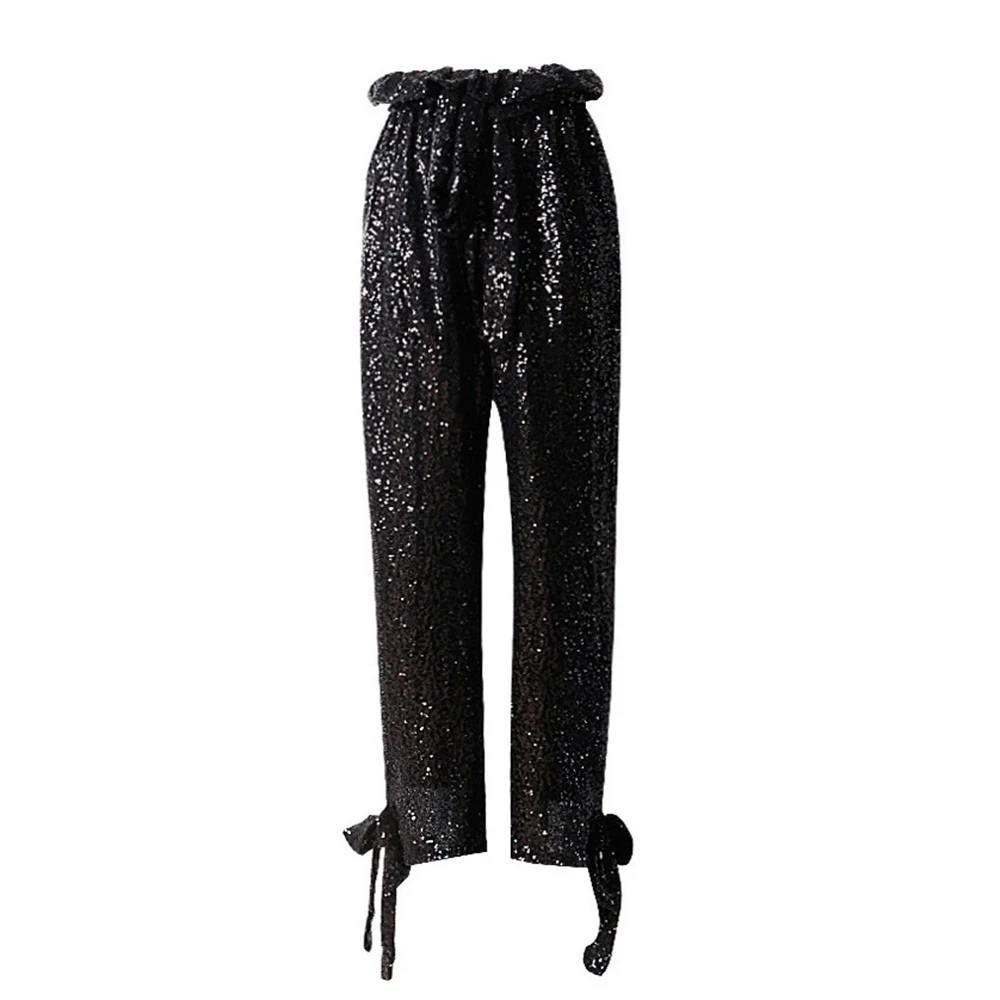 Женские длинные штаны с блестками и высокой талией женские свободные бандажные
