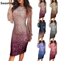 mayata gradient color sequin tassel sleeve bodycon dress for woman party night sexy ladies sparkle tight ombre dresses s 2xl