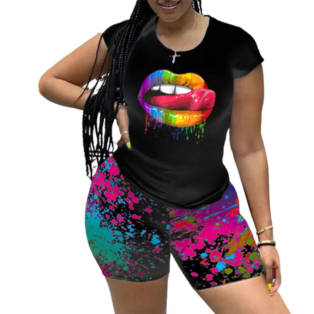 

2021 Women's Plus Size Set Short Sleeve Cycling Jersey Sets Bicycle Clothing Bike Cycling Wear Lips Printed Skinny Tracksuit