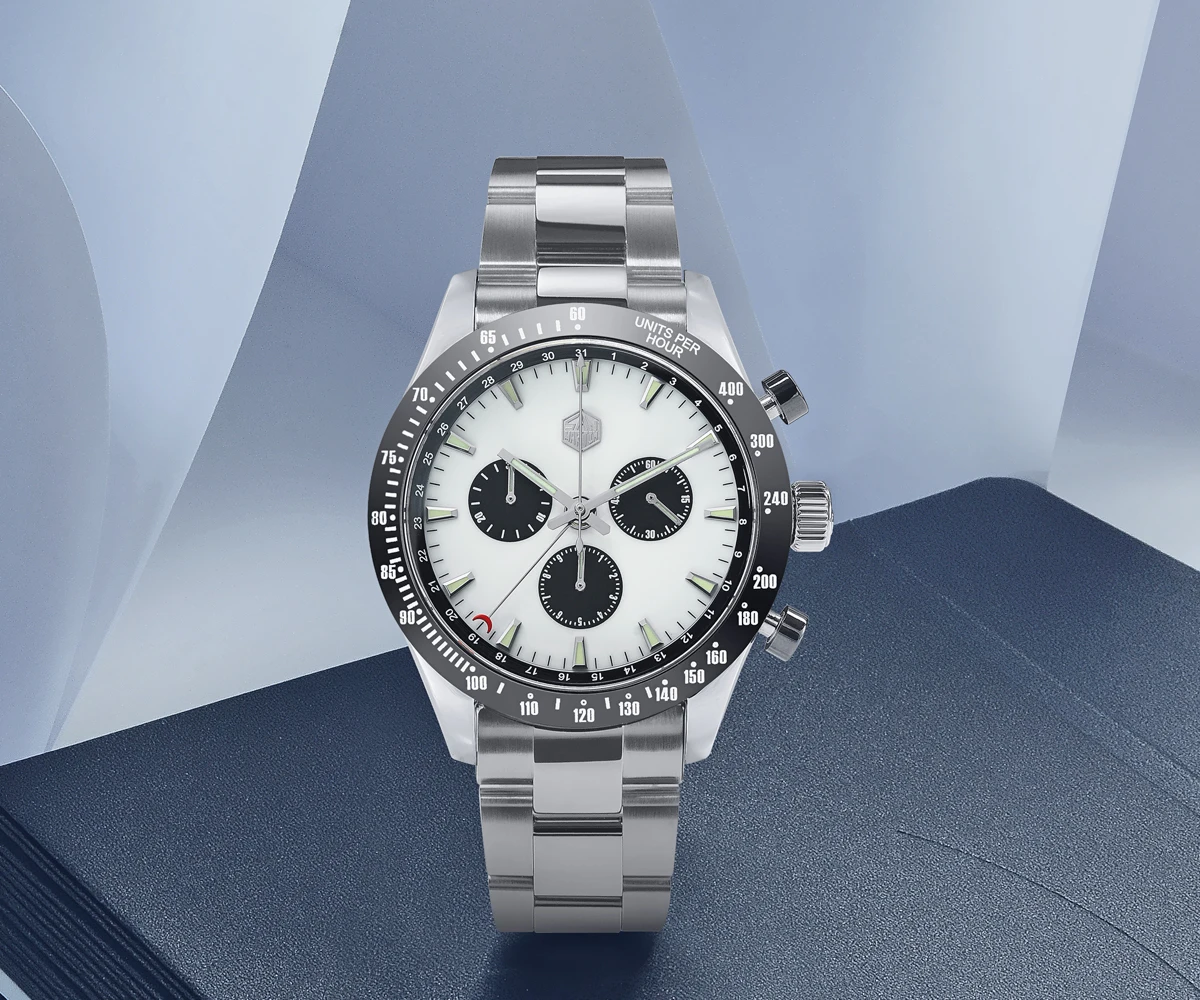 Lugyou San Martin Quartz Watch Men Chronograph Timepiece Sun ray Metal Band Sub Dials Pusher Sapphire 100m Water Resistant Glow