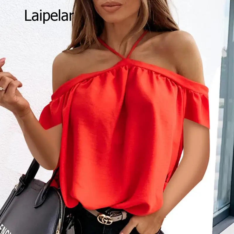 

Women 2020 Summer Off Shoulder Halter Blouse Shirts Sexy Backless Solid Color Tops Ladies Elegant Short Sleeve Shirt Blusas