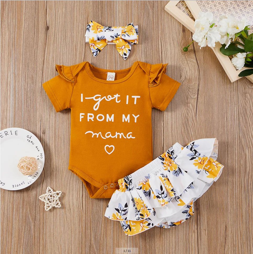 

3 Pcs Newborn Baby Girl Letter Print Fly Sleeve Round Neck Romper + Flower Print Shorts + Bowknot Headband