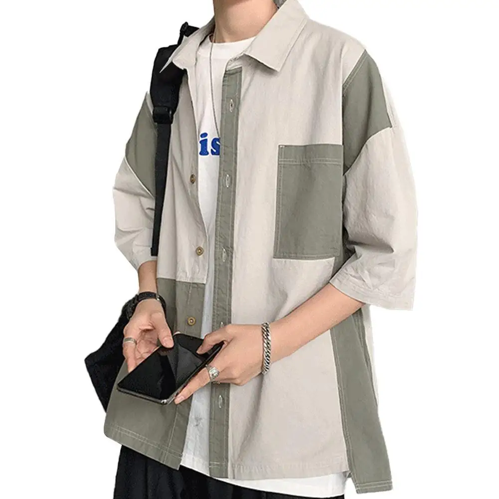 

Stitching Color Contrast Short Sleeve Shirt Pocket Men Loose Casual Top Workwear