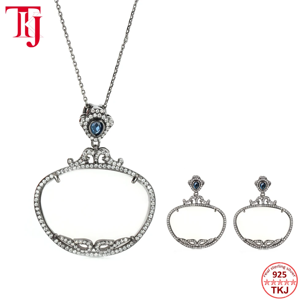 

TKJ Grey Agate Jewelry Necklace Pendant and Earrings Set 925 Sterling Silver Vintage Unique Gemstone Gift For Grandmother