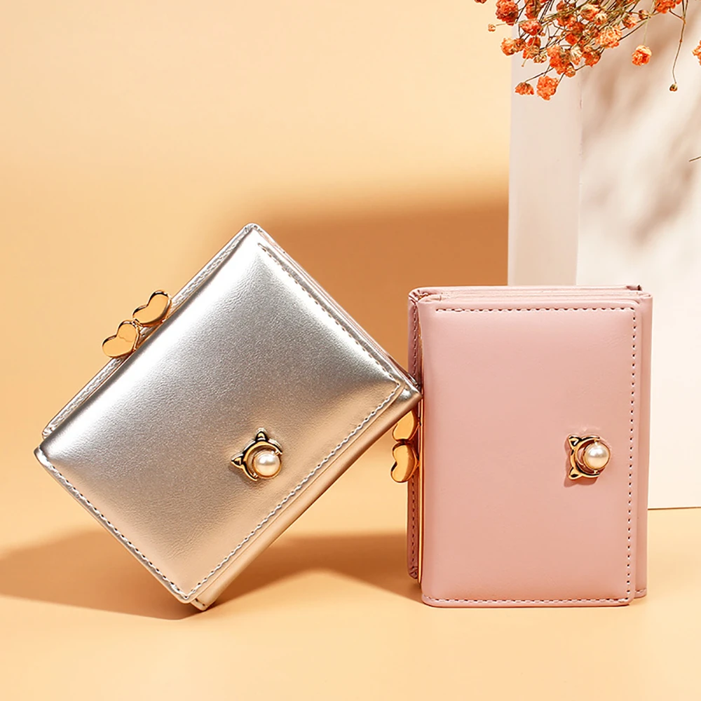 

Women's Leather Wallet Candy Color Card Holder Pearl Hasp PU Leather Female Purses ID Window Coin Purse Wallets For Women