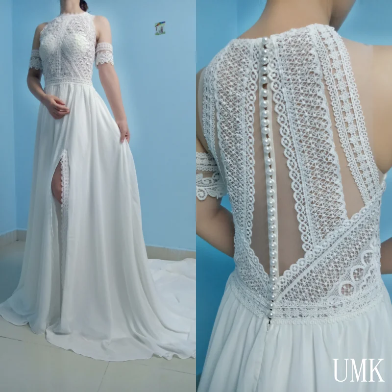 UMK сексуальное прозрачное кружевное свадебное платье в стиле бохо шифоновые